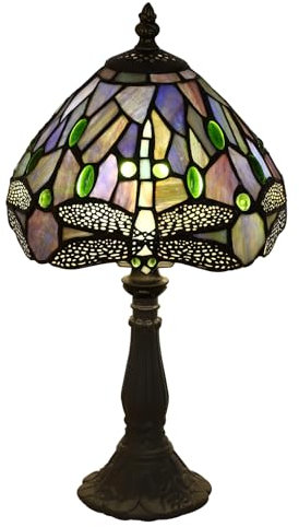FUMAT Tiffany Tischlampeaus Buntglas mit blauer Libelle, Retro Deko Lampe Tischleuchte Nachttischlampe, Bunte Glas Lampenschirm