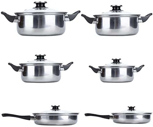 OUZBEM Cooking Pot, Frying Pan,6 Piece Stainless Steel & Pan Sets Cookware Set Kitchen Saucepan Casserole Pan Glass Lid Pans vision
