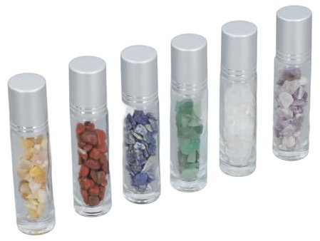 6PCS Clear Glass Roller Bottles with Crushed Stone, Crystal Stones Roller Balls with Silver Lid Refillable Roll On Bottle for Essential Oil Liquid Perfume, Aromatherapy, Perfume