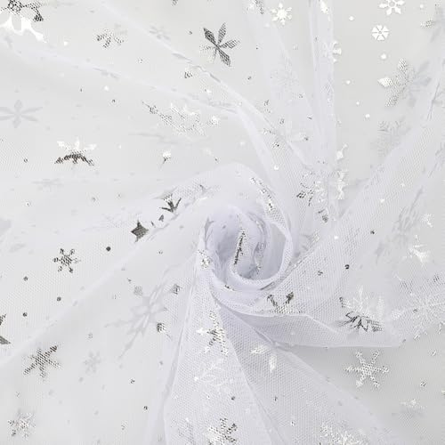 GORGECRAFT 67 Zoll Breiter Weißer Organza Stoff Mit Silberfolie Schneeflocken Weihnachtsmotiv Rechteckige Glänzende Tüll Tischdecke Netzgaze 3 Yards Durchsichtiges NetzStoff Zum Verpacken
