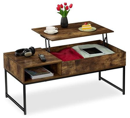 Relaxdays Couchtisch aufklappbar, HBT: 45x110x50 cm, Seitenfach, Wohnzimmertisch mit Stauraum, Holzoptik & Metall, braun