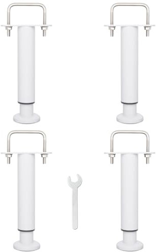 Pied de Lit Universel, Pieds pour Sommier à Lattes sans Perçage, Hauteur Réglable 18-30cm, U Largeur Interne 68mm, Design: Metallique Blanc, Rond ø 3.8cm, pour le Cadre Central sans Trou, Lot de 4