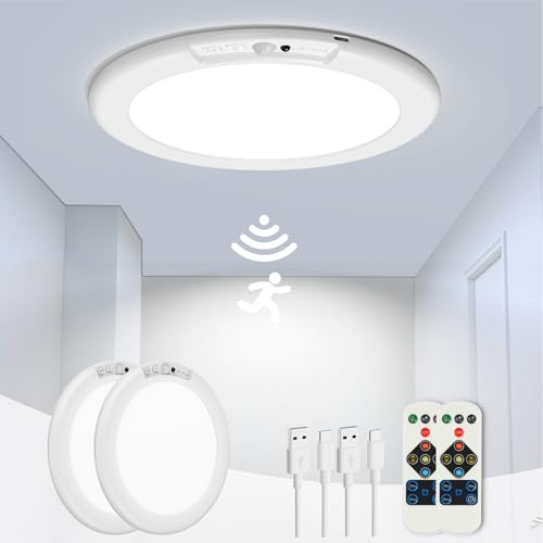 ORYAR 2 Pack Rechargeable Motion Sensor Ceiling Light, Wireless Shower Lights Battery Operated Closet Light with Remote, 500LM 3000K/4500K/6500K, 0.55″ Ultra Thin Lights for Bathroom Hallway Pantry