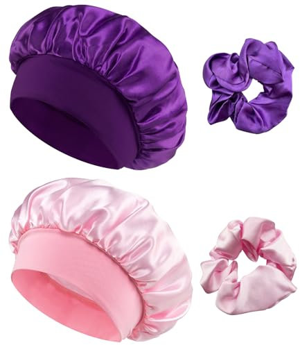 Loomify Cuffia di Seta,Berretto da Notte in Raso,2 Pezzi Cappello per Capelli per Dormire in Raso con 2 Pezzi Scrunchies per Donna e Ragazza (Rosa,Viola)