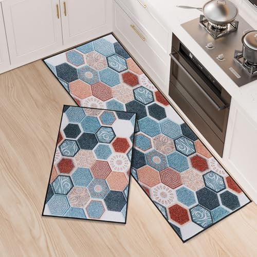 Fecialy Juego de 2 Alfombras de Cocina con Soporte de Silicona Antideslizante, Lavables y Absorbentes para Cocina, Comedor, Entrada, 40x60cm + 40x120cm
