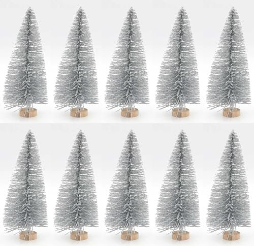 Lot de 10 mini arbres de Noël artificiels pour travaux manuels, 6 x 2 x 2 cm, petits arbres de neige artificiels, décoration de table, cadeaux d'hiver en plastique, argent