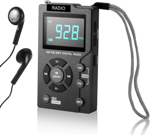 Radio de poche portable avec casque, radio AM+FM rechargeable avec interrupteur verrouillable, fonction mémoire, écran LCD, son haute définition (gris)