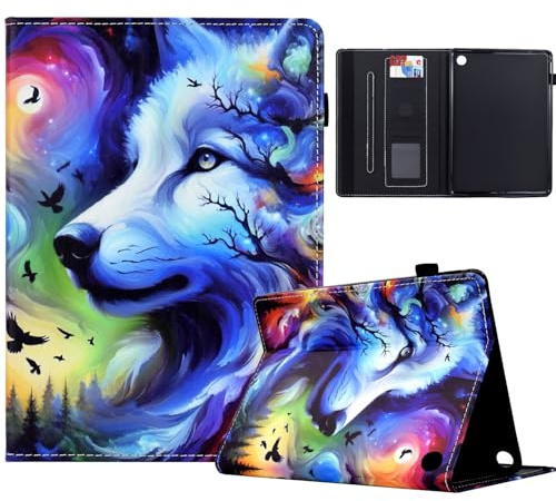 TEDTIKJT Funda Tablet para Kindle Fire 7 12th Gen 2022 Cover Carcasa PU Cuero Flip Protectora Cover con Soporte Función para Kindle Fire 7 12th Gen 2022 Funda,Lobo Estrellado
