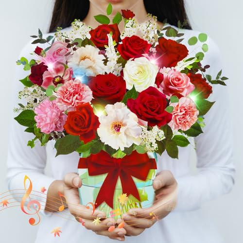 Carte pop-up 3D avec musique et lumière, bouquet de fleurs pop-up 3D, carte d'anniversaire, carte d'anniversaire, carte de Saint-Valentin, carte de fête des mères pour femmes, mères et épouses
