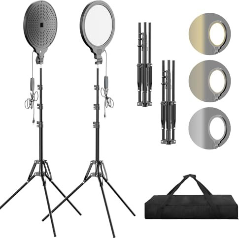 EMART 10inch Video Light with 65” Tripod Stand, 2-Pack LED Dimmable 3-Color 2700-6500K Photography Lighting Kit for Studio Live Streaming Recording Filming, Circle Selfie Ring Light