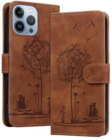 LEINOTWANCH Flip Wallet Case for iPhone 16 Pro Max Cover With Card Holder | Dandelion with Cat,Magnetic,PU Leather+TPU inner case,Kickstand,3 Card Slots+Cash Pocket+Wrist Strap,Protective,Brown