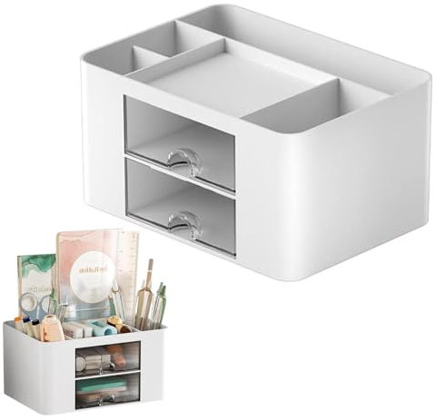 Rixotix Schreibtischorganisator mit 2 Schubladen, multifunktionaler Stifthalter für den Schreibtisch, Schreibtischorganisatoren und Aufbewahrung mit 5 Fächern, Desktop-Organizer für Büro