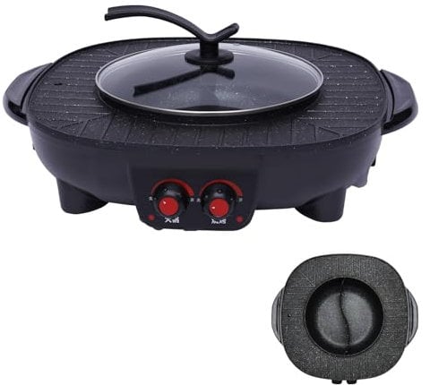 2-in-1 Hot Pot Elektrisch und Grill Elektrisch, Ø26cm Multifunktionaler Hotpot Topf mit Deckel, 2000W Korean BBQ Grill, Antihaft-Beschichtung, für 5-6 Personen, Schwarz