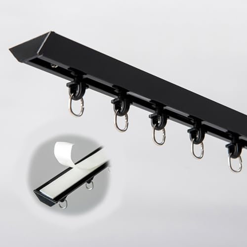 Binario per tenda da soffitto, 3 m, autoadesivo, con ganci a rullo, per camera da letto, doccia, armadio, binario singolo personalizzabile (nero)