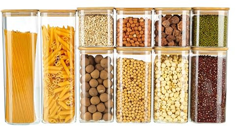 LUGZEY 10-Pack Square Glass Jars with Airtight Bamboo Lids Labels and Chalk Kitchen Storage Jars for Pasta Spaghetti Cereals Grains Sugar Spices and Cookies, 3 Sizes (2100ml,1400ml.750ml)