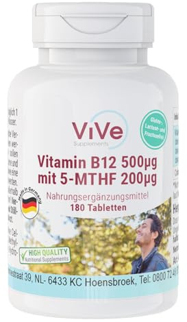 Vitamin B12 500μg 5-MTHF 200μg - 180 tabletter - metylkobalamin - aktiv folsyra - hög dos - biotillgänglig - kvalitet från Tyskland - ViVe Kosttillskott