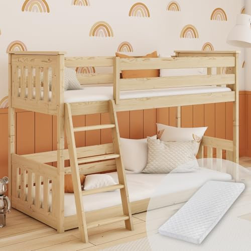 Kids Collective Hochbett 90x200 cm mit Zwei Mtratzen, Rausfallschutz & Zwei Lattenroste in Natur Mädchen Jungen Bett Kinderbett Jugendbett 90x200 cm | von 4. bis 18. Lebensjahr
