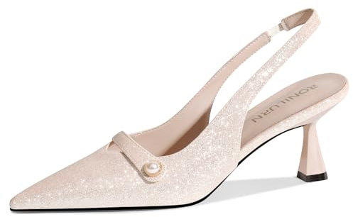 RONILURN Women Kitten Heels Slingback Low Heel Pumps Dress Shoes for Women Closed Pointed Toe Pearl Heels for Work Wedding Bridal, Glitter Rose Gold, 8 UK