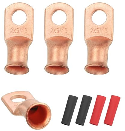 sourcing map 4pcs 2 AWG M8 Battery Lugs Ring Terminals, 5/16 8mm Stud Crimp Wire Terminal Connector End Copper, 2:1 Heat Shrink Tubing, Gold