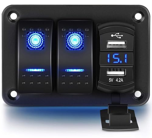 Greluma 2 fach Wippschalter Aluminiumplatte mit Voltmeter und Dual USB (4.2A) Schnellladung, blau beleuchtete LED, vorverdrahtet, IP65, wasserdicht für Marine, Boot, Auto, LKW (blau)
