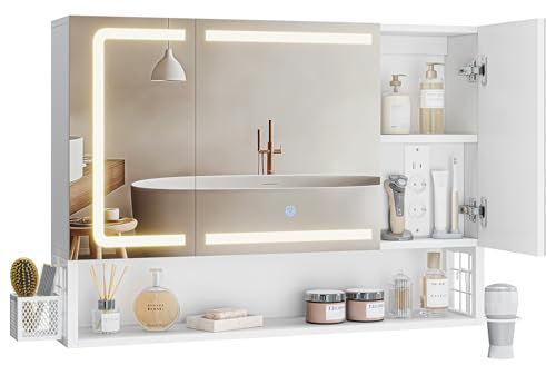 FORABAMB Badezimmer Spiegelschrank mit LED-Beleuchtung & Steckdose, Badezimmerschrank mit 3 Türen & Verstellbarer Ablage, Spiegelschrank Bad mit HD-Spiegel, Berührung Sensorschalter, 80×16×60 CM, Weiß