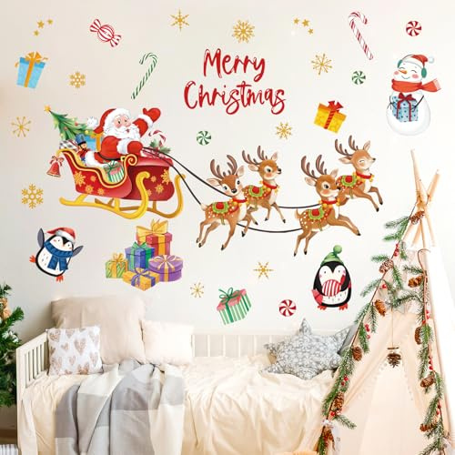 FUFUQUARE Joyeux Noël Autocollants muraux Père Rennes Pingouins Aquarellés Bonhomme de Neige Stickers Muraux Amovibles en PVC pour les Fêtes d'hiver