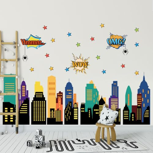 Runtoo Wandaufkleber mit Stadt-Skyline-Motiv, zum Abziehen und Aufkleben, für Jungen, Baby, Kinderzimmer, Spielzimmer, Klassenzimmer