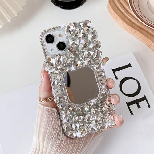 FIFTHAVE Glitter Case for iPhone 13 Mini Mobile Phone Case with Mirror Luxury Diamond iPhone 13 Mini Protective Case with Shiny Diamond Rhinestone Beautiful Thin Mirror Makeup Case for Women Girls 04