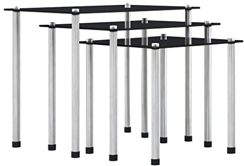 QUAHEAS Lot de 3 tables gigognes en verre trempé noir - Tables d'appoint modernes pour salon, chambre à coucher, bureau et zone de réception