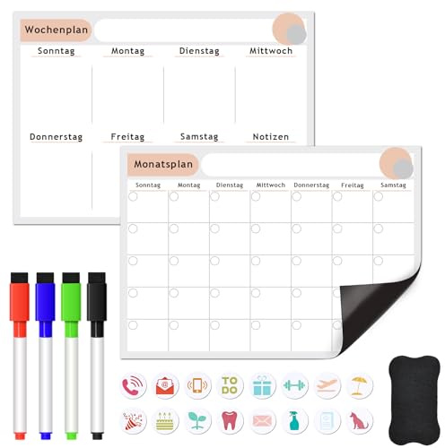 ARVOK 2 Stück A3 Magnetic Wochenplaner Monatsplaner abwischbar Whiteboard Kalender Set - 42x29.7cm für Kühlschrank,4 Boardmarker, 16 Magnete & Wischeschwamm - Familienplaner Haushaltsplaner