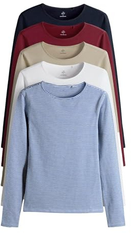 THE SET Damen t Langarmshirts mit Rundhalsausschnitt, 5er-Pack Navy/Light Blue Stripe/Red/Stone Brown/White M