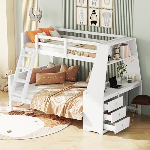 kozamas Etagenbett 90x200 & 140x200 cm Doppelbett Kinderbett mit Tisch, großem Stauraum, Leiter optional, hohes Geländer, Kiefernholz Weiß, inkl. Lattenrost