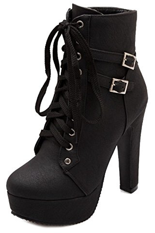 Onewus Fashion Women Lace-up Platform Boots High Block Heel Ankle Booties Black