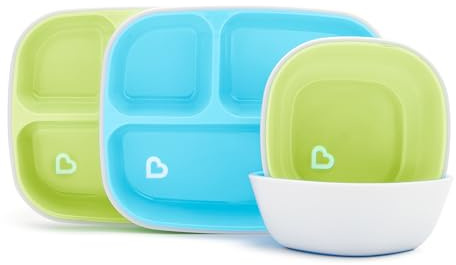 Munchkin Splash 4 Piece Toddler Divided Plate and Bowl Dining Set, Blue/Green