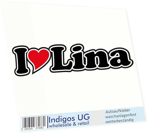 INDIGOS UG Auto Aufkleber I Love Lina 15 cm - Autoaufkleber - KFZ Sticker selbstklebend - für Motorrad, Fenster oder Heckscheibe - wetterfest & UV-beständig Sticker mit Namen von Mann Frau Kind