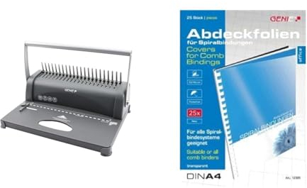 Genie CB 850 Spiralbindegerät (bis 350 Blatt, DIN A4, Inkl. 75-teiligem) silber/schwarz & Genie 12385 Deckblätter (DIN A4, glasklar, 150 Micron, geeignet für alle Bindegeräte) 25 Stück transparent