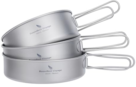iBasingo Lightweight Titanium Pot Pan Set Camping Cookware 500ml+600ml+700ml Outdoor Kitchen Small Bowls Dish Portable Cooking with Folding Handle Travel Tableware for 1-2 People 3 Pieces/Set Ti2032C