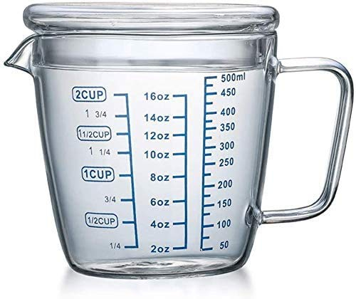 Verre Doseur Tasse à Mesureur en Verre Bécher Bec en V Cup Pichet Mesureur Liquide Résistant Chaleur Mug Gradué Transparent Broc Mesureur Cuisine Micro-ondes avec Couvercle pour Lait Café Thé (500ML)