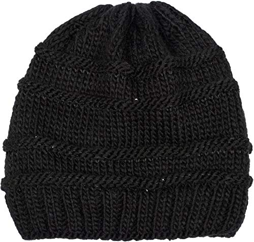 styleBREAKER Damen Strick Wintermütze mit Pailletten, Öffnung für Pferdeschwanz und Thermo-Fleece Futter, Beanie Mütze 04024177, Farbe:Schwarz