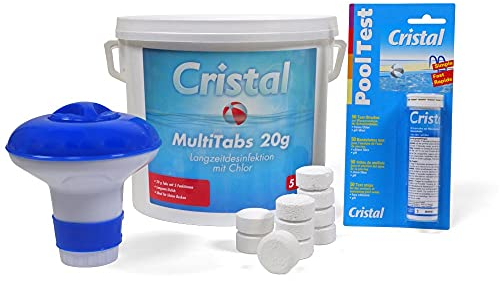 Cristal Chlor Multitabs 20 g - 5 kg Set mit Chlordosierer & Poolteststreifen - Effektive 5 in 1 Poolpflege für klares Wasser - Langzeitdesinfektion