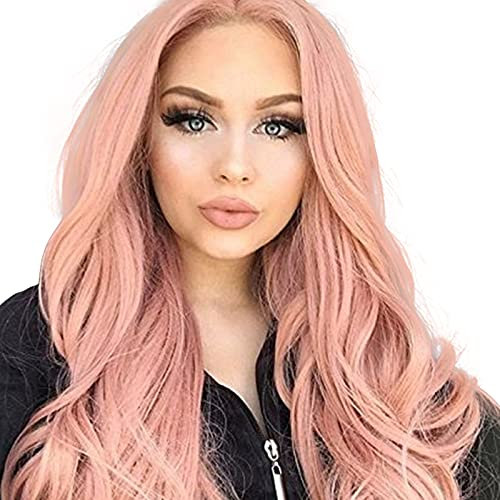 Lange rosa Perücken für Frauen, lockig, gewellt, volle Perücke, Mittelscheitel, Perücke, natürlich aussehend, mit langem Pony, Perücken-Verlängerungen für tägliches Cosplay, Outdoor