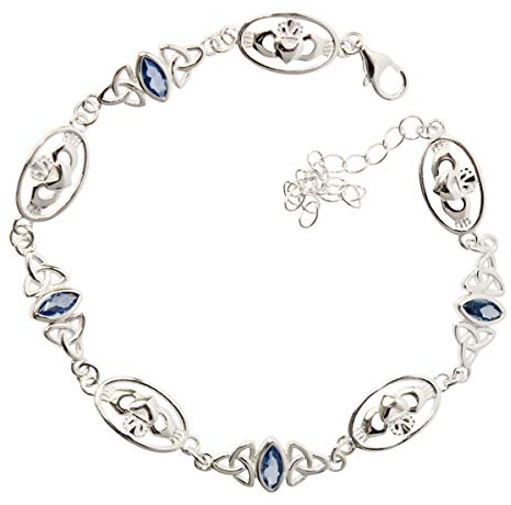 GWG Jewellery 925 Sterlingsilber Irisches Claddagh und Keltischer Trinity Knoten Verziert mit Aquamarin-Meerblauem Kristall in Marquise-Form Gliederarmband in Geschenkbox für Frauen