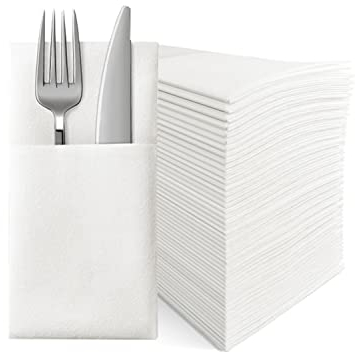 JINYUDOME Einweg-Servietten, Einweg-Handtücher, Leinen-Feeling, mit integrierter Bestecktasche, geeignet für Partys, Hochzeiten, Abendessen, 100Stück, Weiß