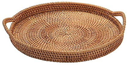 POHOVE Rattan Ottoman Tray Round Rattan Serving Tray Woven Wicker Serving Basket with Handles for Breakfast Drinks Snack Coffee Table Home Decorative
