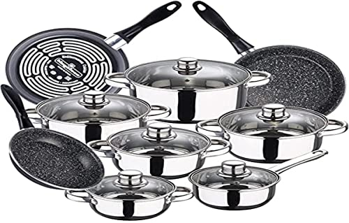 Bateria de cocina 12 piezas SAN IGNACIO Cassel, acero inoxidable, con juego sartenes (18/20/24 cm) MAGEFESA K2 Gransasso en acero esmaltado