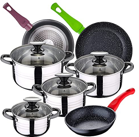 Bateria de cocina 8 piezas SAN IGNACIO Dina, acero inoxidable, con juego sartenes (18/22/26 cm) SAN IGNACIO Jolie de aluminio forjado