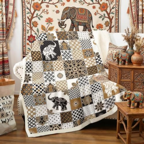 Bohemian-Sherpa-Decke, Boho-Mandala-Fleece-Überwurf, 3D-Elefanten-geometrisches Gitter-Plüschdecke für Erwachsene, Vintage-Stil, indisches Tribal, flauschige Decke für Sofa, Bett, 101,6 x 127,8 cm