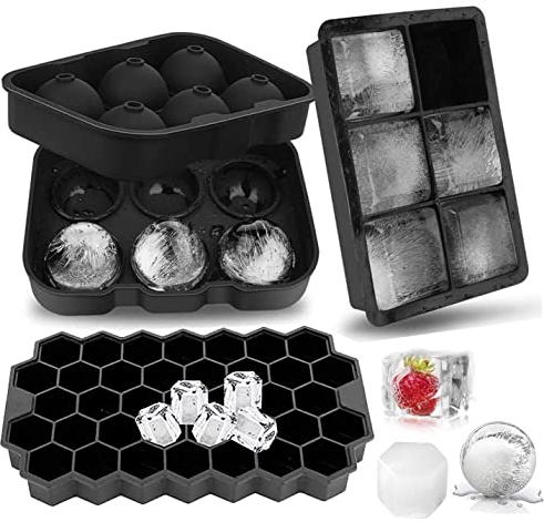 3 Stück Silikon Eiswürfelform Eiskugelform Groß Eiswürfel Kugel-Eis Bereiter, große Würfel & Sechseckige Eisformen mit Deckel für Gekühlte Getränke, Whisky und Cocktails