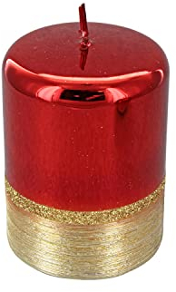 G Decor Stumpenkerzen, zweifarbig, mit Glitzer-Glaseffekt, reflektierend, einfarbig, glänzend, Rot und Gold, kleine Stumpenkerze