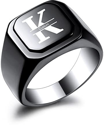 OTXIXTO Anfangsring Buchstabe Siegelring für Männer Frauen Personalisierter Name Gravierter Edelstahl Modeschmuck Hochzeit Paare Vatertagsgeschenk mit Ringgröße Einsteller (Schwarz, Größe 60)